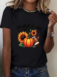Camiseta de manga corta con estampado de calabaza y girasol estilo rugby de otoño para mujer, cuello redondo, color negro, estilo casual. - Negro - Ver 2