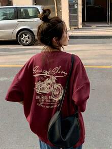 Edición Limitada: Camiseta de Manga Corta para Mujer con Estampado de Letras de Motocicleta Retro, Cuello Redondo, Estilo Holgado, Ligera de Algodón, Moda Básica de Verano - Negro - Ver 7