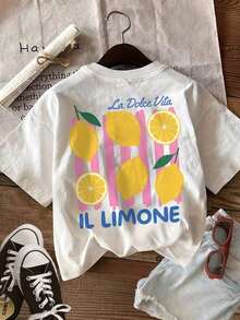 Playera BáSica Dama Con Estampado Grande Espalda Y PequeñO Frente, Camiseta Cuello Redondo DiseñO De Frutas, Top Diario CóModo Para Look Original - Blanco - Ver 2