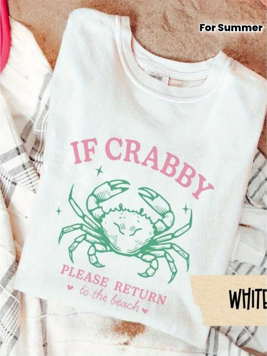 Camiseta de Mujer con Estampado Divertido de Cangrejo - Gris Claro con Letras Rosadas - Top Casual Suave para Uso Diario en Verano, Playa y Fiestas - Camiseta de Manga Corta Holgada Lavable a Máquina, Ropa de Playa para Mujer, Atuendo para Fiesta - Blanco - Ver 1
