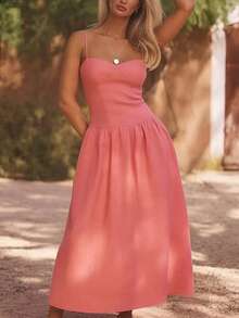 Vestido largo tirantes liso primavera estilo francés corte ajustado elegante moda europea para mujer - Rosa - Ver 4