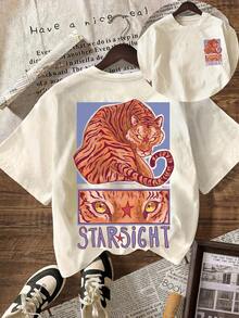 Starsight 虎紋印花時尚上衣，女款夏季度假穿搭，休閒夏季上衣 - 杏色 - 查看 1