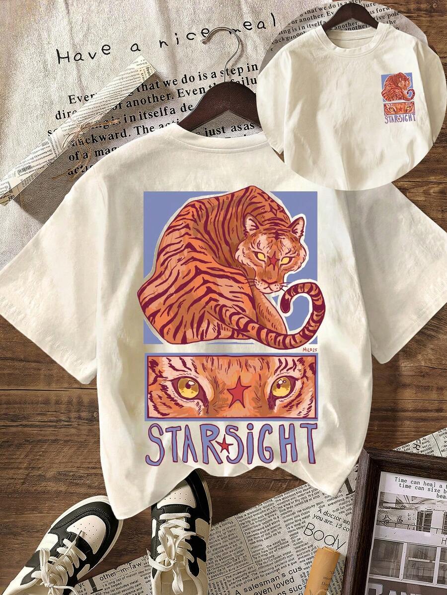 Starsight 虎紋印花時尚上衣,女款夏季度假穿搭,休閒夏季上衣 - 杏色 - 查看 1