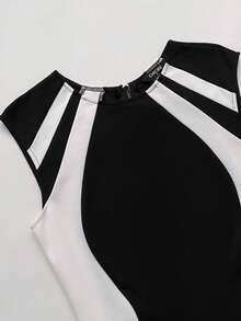 ChicMe Women's Color Block Round Neck Sleeveless Zipper Back Mid-Length Dress, Backless Split Fitted Dress, Office & Business Attire Elegant Summer - Black and White - View 9