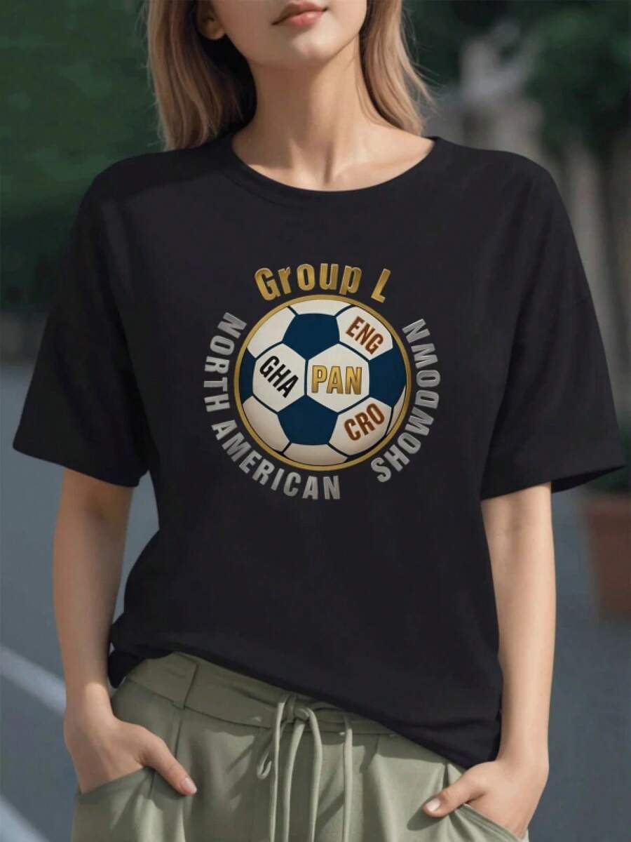 Balón con nombres de equipos del grupo L que simboliza unidad y competencia amistosa entre naciones en el torneo North American Showdown camiseta para mujer 100% algodón - Negro - Ver 1