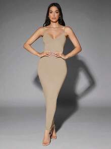 Vestido ajustado unicolor de espalda abierta - Albaricoque - Ver 6