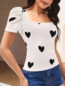 Camiseta de verano con mangas abullonadas y estampado de corazones - Negro - Ver 6