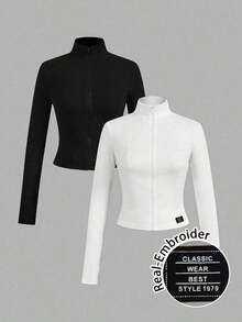 2 piezas Conjunto versátil de ropa deportiva de punto blanca y negra para yoga y fitness, camiseta de manga larga con cremallera y bordado gráfico de letras, elegante para otoño/invierno - Multicolor 13 - Ver 1