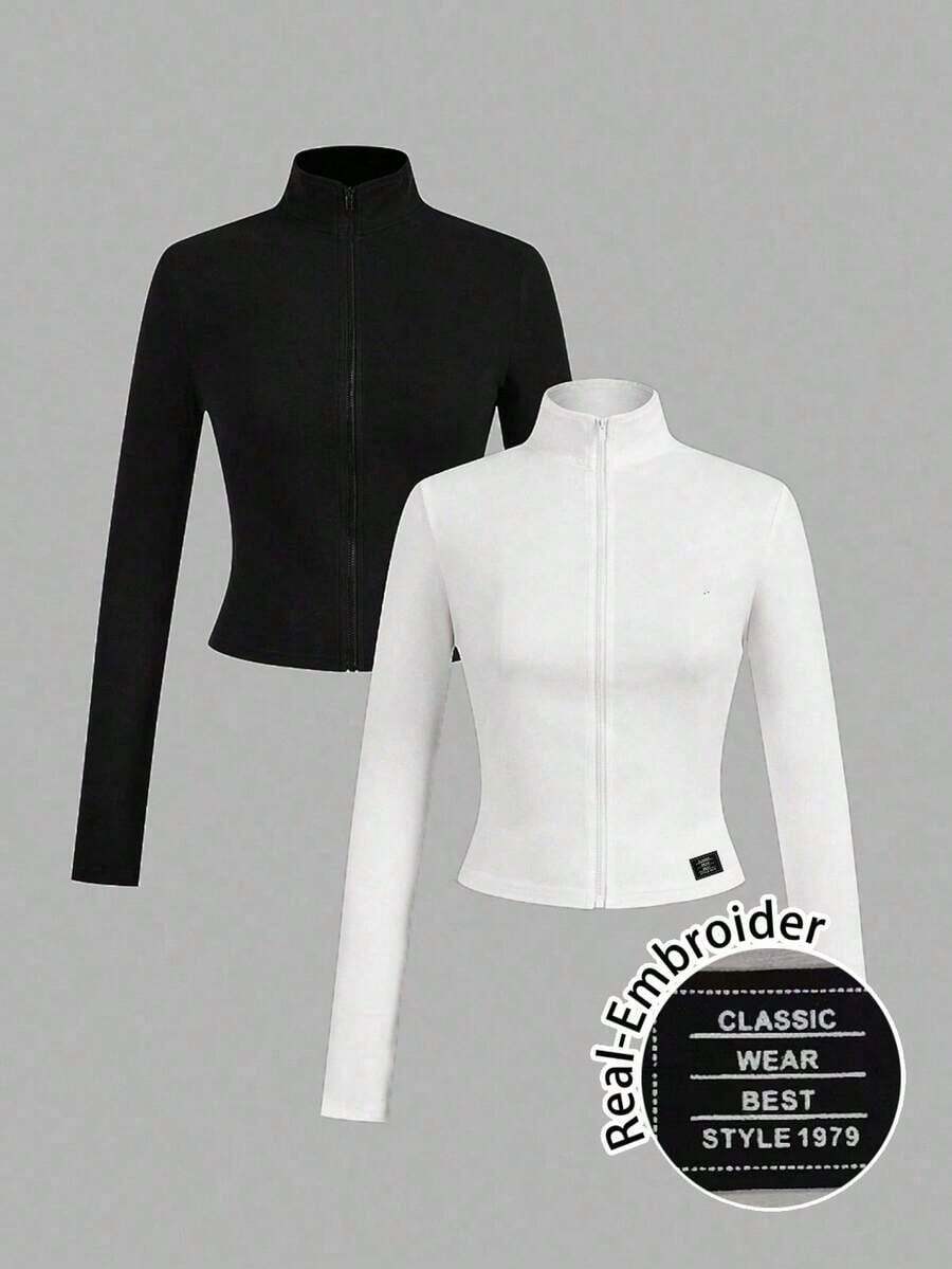 2 piezas Conjunto versátil de ropa deportiva de punto blanca y negra para yoga y fitness, camiseta de manga larga con cremallera y bordado gráfico de letras, elegante para otoño/invierno - Multicolor 13 - Ver 1