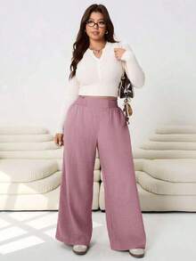 2026 Primavera/Verano Nuevos pantalones casuales para uso diario, fiestas, ir al trabajo, volver al colegio, citas, en casa, fiestas de cumpleaños, para múltiples ocasiones, con cintura elástica holgada, pernera ancha, color beige, talla grande - Rosa Pálido - Ver 5