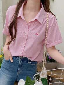 de manga corta con cuello de solapa bordada con lazo, para primavera y verano - Rosa - Ver 4