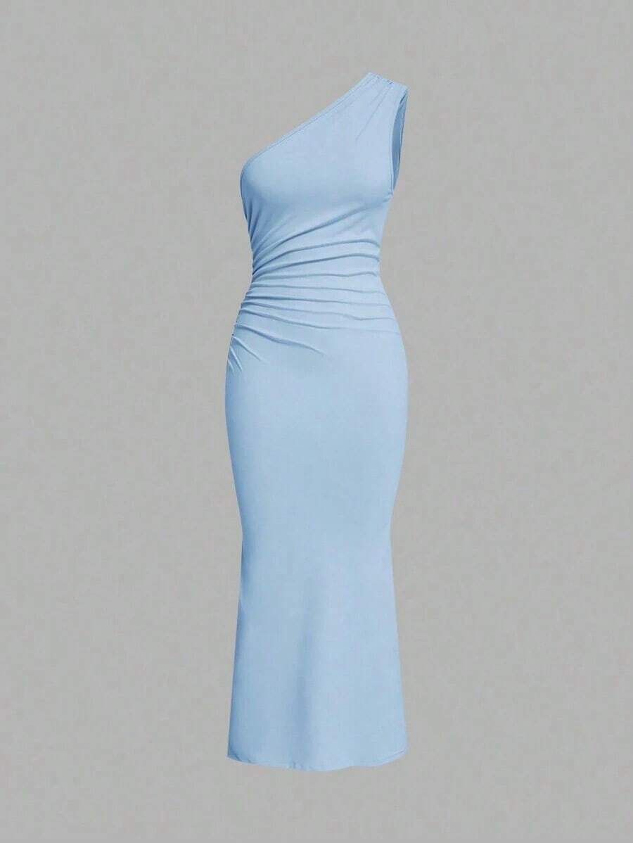 Vestido de fiesta largo hasta el suelo, sin mangas, con drapeado asimétrico y cola de pez, de unicolor para mujer - Azul - Ver 1