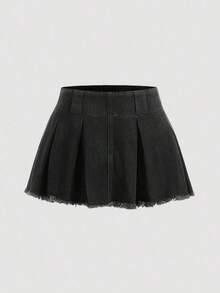 Falda Vaquera De Mezclilla Para Mujer En Color Sólido Con Borde Desfilachado - Negro 2 - Ver 5