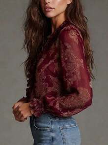 Camisa de chifón estampada de verano para mujer de , blusa transparente con patrón floral barroco y paisley para vacaciones y desplazamientos en primavera y verano. - Rojo oscuro - Ver 6