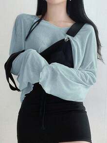 Camiseta corta de mujer de unicolor con cuello en V holgado, blusas de mujer de manga larga para primavera/verano, ropa de mujer para otoño - Azul - Ver 3