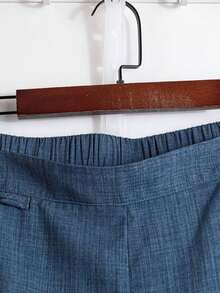 Pantalones cortos de mujer talla grande, casuales, para ir al trabajo o salir, con diseño de abertura redonda, cintura elástica y decoración de nudo chino con botones - Azul - Ver 6