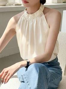 Blusa de cuello halter de unicolor casual de negocios para mujer, top sexy para salir - Beis - Ver 2