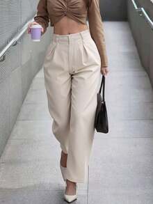 Pantalones rectos de cintura alta de unicolor para mujer, con pliegues, suaves y cómodos, versátiles y elegantes para uso casual urbano, adecuados para uso diario casual, citas, fiestas, San Valentín, carnaval y oficina - Albaricoque - Ver 1