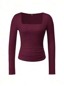 Camiseta ajustada de manga larga con cuello cuadrado para mujer, primavera/verano Y2K, unicolor, sexy, adecuada para el Día de San Valentín y uso casual - Burdeos 2 - Ver 3