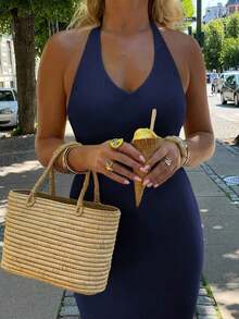 Vestido largo minimalista y elegante de mujer  de unicolor, con cuello en V profundo, volantes en la espalda, de punto con gran elasticidad, estilo europeo y americano, sin mangas, adecuado para vacaciones, ocio y uso diario en verano, color negro - Azul marino - Ver 4