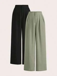 Conjunto de pantalones de verano de cintura alta, pantalones de pierna ancha de cintura alta con pliegues, de corte holgado y pernera larga - verde menta - Ver 1