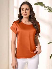 Blusa suelta elegante de verano para mujer con cuello redondo, mangas cortas tipo murciélago y unicolor - Blusas de manga corta - Color caoba - Ver 6