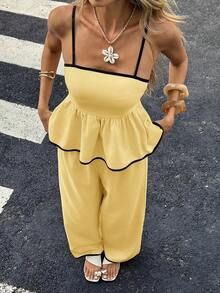 Set de 2 piezas con top de tirantes con ribete de contraste y pantalones de unicolor para mujer - Amarillo claro - Ver 1