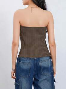 Women's Summer Tube Tops, Solid Color Knitting Ribbed Strapless Cropped Tops Slim Backless Vest - Brown - View 9