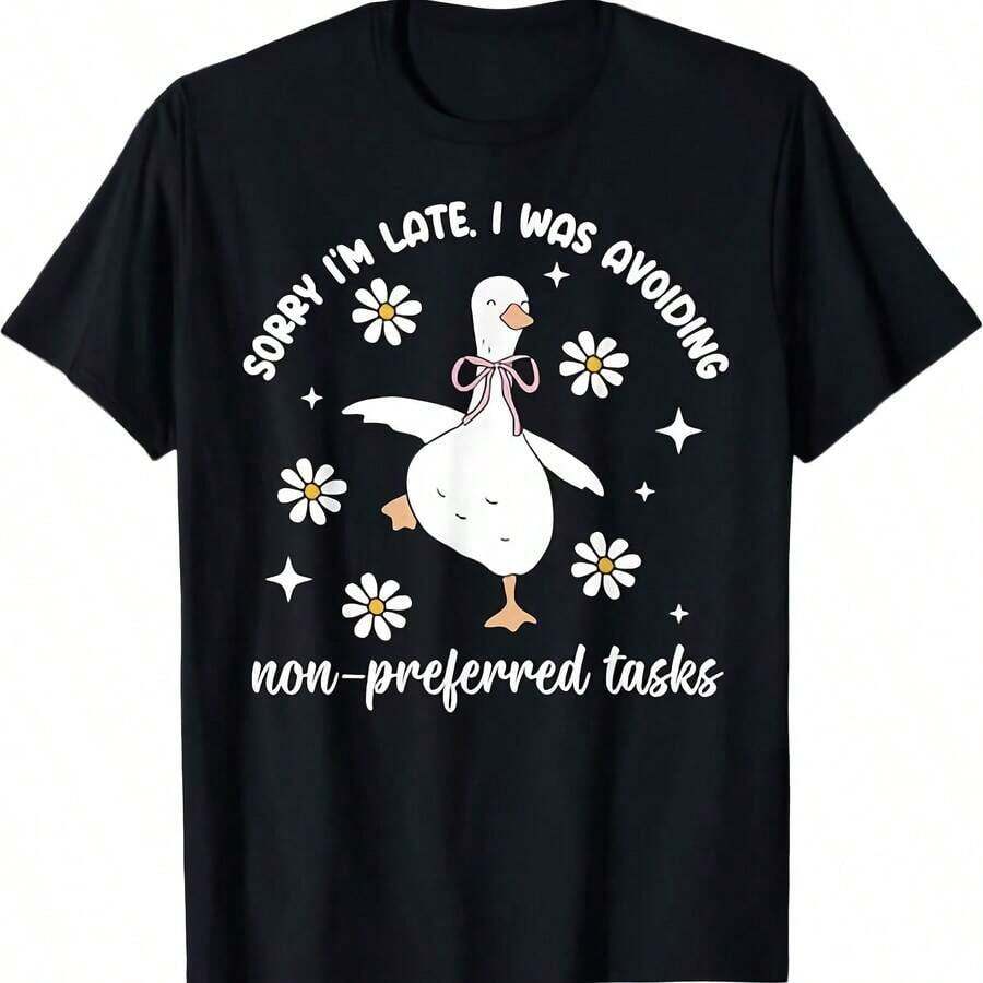 Women's Matching T-Shirt With Round Neck, Cartoon Print, Simple And Comfortable, Soft, Versatile, Suitable For Shopping, Walking, Going To The Beach, School, Office, Vacation, And Conveys A Fresh Summer Air. - 黑色 - 查看 1