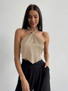 Camiseta de tirantes con cuello halter y bajo asimétrico para mujer - Albaricoque - Ver 4
