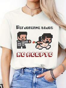 Women's Casual T-Shirt With Round Neck And Spanish Letter Print - "No Acepto" Design, Short Sleeve, Medium Stretch, Spring/Summer Top For Casual Wear, Casual Summer Top | Playful Graphic T-Shirt | Medium Stretch - [白色的] - 查看 6