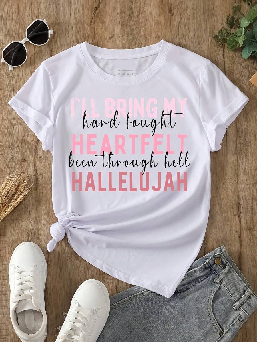 Plus Size Women's T-Shirt, Round Neck, Soft And Comfortable For Everyday Wear, Religious Gatherings, Casual Top With A Sincere Design, Durable T-Shirt For Girls, Plus Size Clothing. NG4P - 白色 - 查看 1