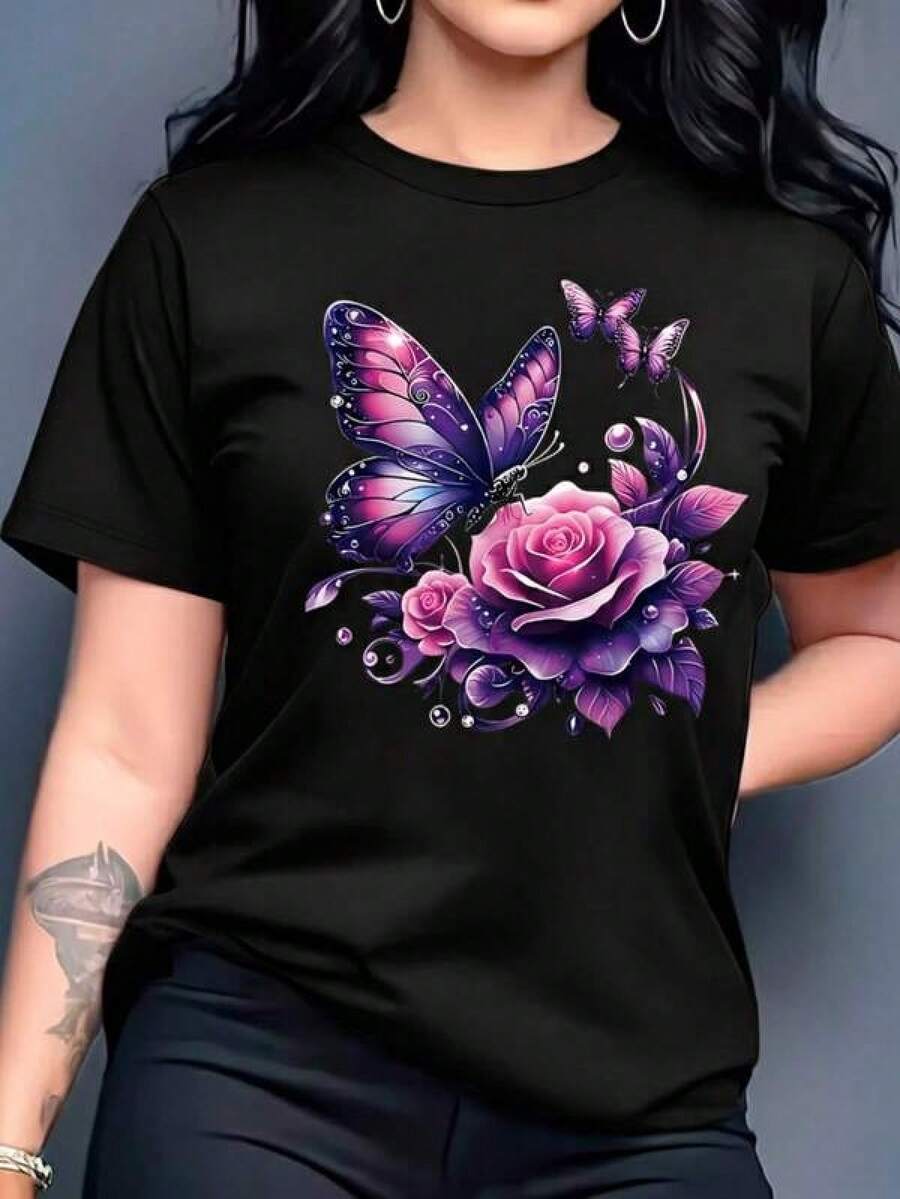 Butterfly And Rose Design T-Shirt, In Shades Of Purple And Pink, Printed Design, Modern, Cheerful Colors, Round Neck, Short Sleeve, Ideal For Everyday Use, Loose Fit T-Shirt, Fashionable, Perfect For You. - 黑色 - 查看 1