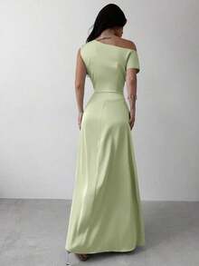 Vestido elegante asimétrico de hombro con pliegues y bajo de cola de sirena en color verde, adecuado para citas, vacaciones, bodas, eventos, regreso a la escuela, graduación, vestido de dama de honor formal, vestidos elegantes para mujer - Verde 2 - Ver 2