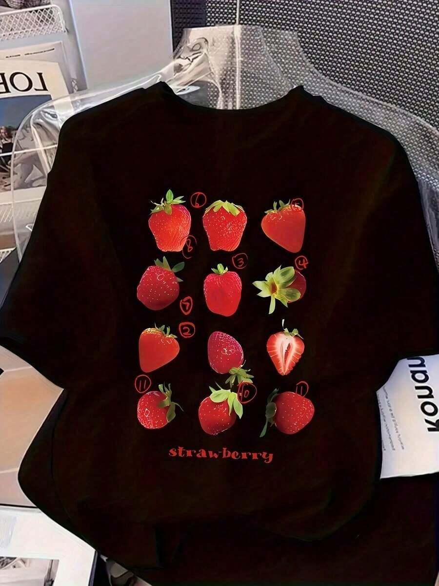 100% Cotton Casual T-Shirt With Strawberry Print, Versatile Summer Casual Top, Short Sleeve, Unisex Loose Fit Sweatshirt 2026-Women's Streetwear, Country Concert Wear 100% Cotton, Durable - 黑色 - 查看 1