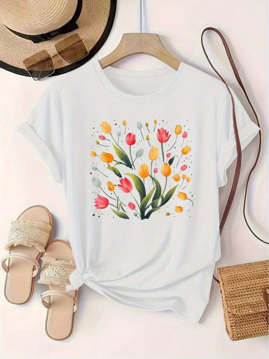 Women's T-Shirt With Floral Print, European And American Fashion, Round Neck, Short Sleeve, Women's Sports Sweater. - 白色 - 查看 1