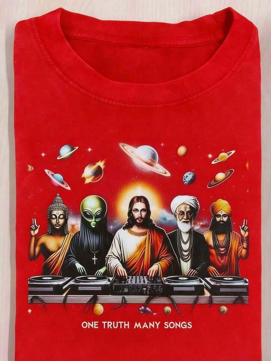 1 Piece Casual Fashion For Men And Women Impala Women's Vintage Space Theme Graphic T-Shirt - Washed Cotton With Alien DJ Design For Parties - Retro Black Sci-Fi T-Shirt For Concerts, Festivals And Everyday Streetwear - Machine Washable Loose Fit Summer Top Concert Clothes, Unique Art, Durable Fabric, Statement Piece, For Music Lovers Is Versatile, Easy To Match, Suitable For Daily Wear, Street Style, Holiday Outfits And Weekend Wear. - 紅色的 - 查看 1
