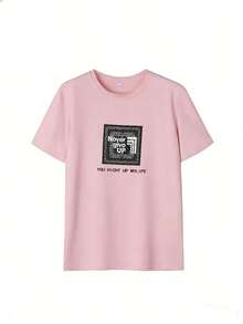 T-Shirt With "Never Give Up" Slogan And Bandana Design.  Short-Sleeved T-Shirt For Spring/Summer 2026, Made In Mexico, 180 Grams. Cartoon Print, Couple Design, Suitable For Indoor Or Outdoor Wear. Crew Neck, Unisex, Ideal For The Office And Leisure. One-Pack. - PK-P631577SLNDXZGY568 - 查看 2