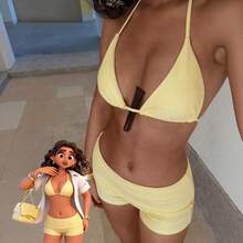 Conjunto de bikini de dos piezas de color sólido con cuello halter y shorts anti-exposición para vacaciones. - Negro - Ver 4