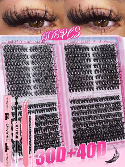 608/560pcs D CURL Lash Clusters 30D+40D,80D+100D DIY Lash Extensions With Bond And Seal, Tweezers Tool Faux Mink Eyelashes - Premium D Curling Natural Volume Individual Lash Clusters For DIY Eyelash Extensions - Reusable, Lightweight, And Easy To Apply, Easy To Carry For Travel, Fluffy Thick Wispy Fake Lashes Book Kit For Beginner﻿﻿