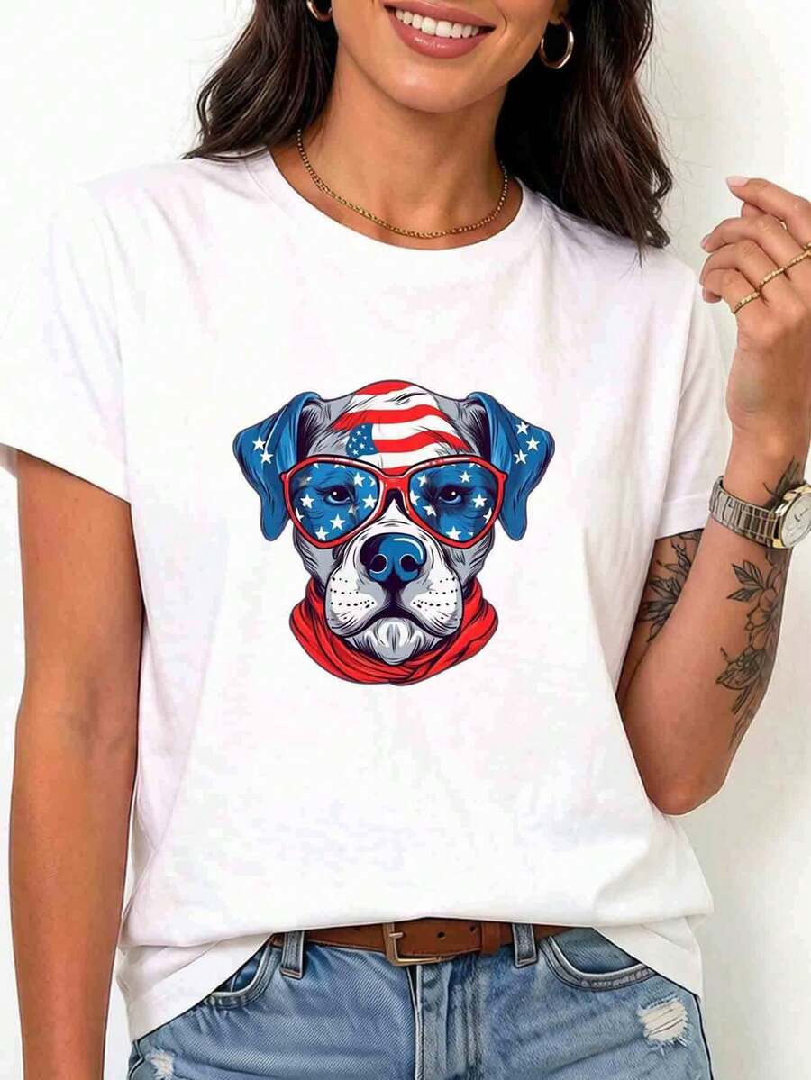 Women's T-Shirt With Dog Head And American Flag - Patriotic Pet Lover Top With Crew Neck, Short Sleeves, And Casual Blouse Style, Machine Washable Summer T-Shirt Suitable For Fourth Of July And Casual Wear - 白色的 - 查看 1