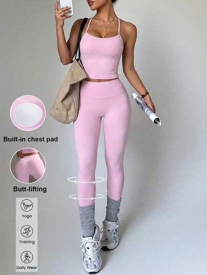 Conjunto deportivo de 2 piezas para mujer Aoqta, de unicolor y casual para verano, con top corto de tirantes finos y espalda descubierta, y mallas ajustadas de cintura alta, un conjunto básico y sencillo adecuado para yoga, correr, fitness, ejercicio al aire libre y uso diario.
