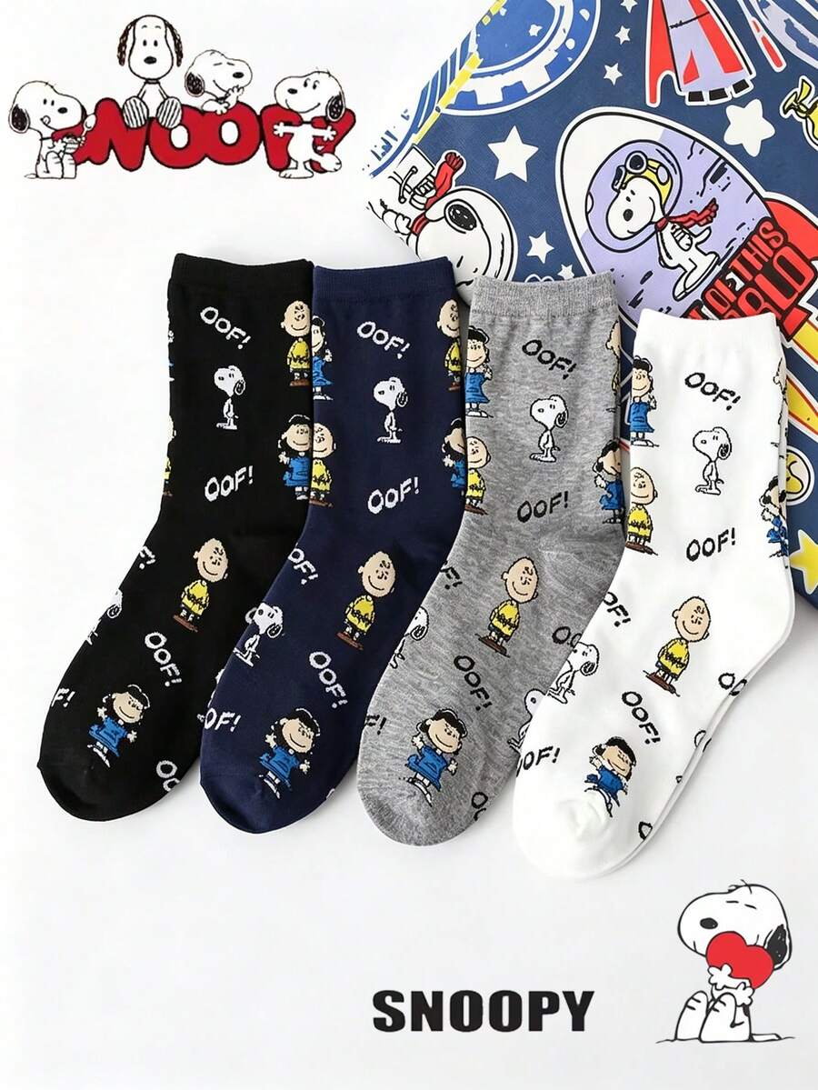 SNOOPY 1/3/4/8双装卡通袜子,男女舒适柔软运动袜,四季皆宜,史努比创意卡通图案时尚百搭柔软舒适袜子 - 彩色 - 查看 1
