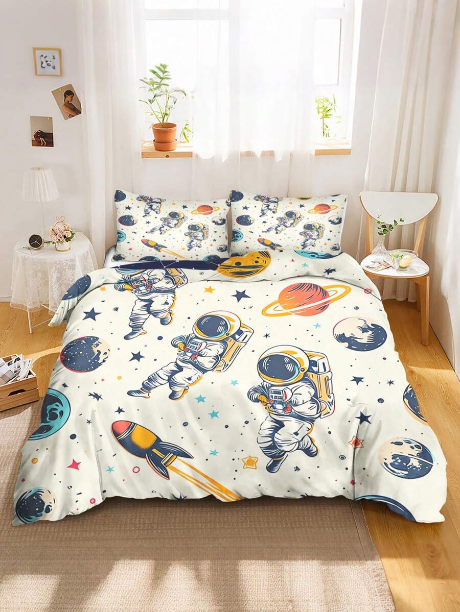 2/3件組復古太空太空人兒童床上用品套組,復古火箭星球圖案被套與枕套組,柔軟輕盈太空主題床上用品套組(適用於兒童、青少年、成人、男孩臥室全尺寸/加大雙人床) - 彩色 - 查看 1