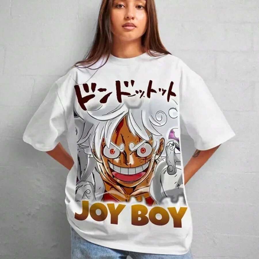 Summer 2026 One Piece Munchie D. Fifth Grade Nika Joy Boy Theme T-Shirt 100% Cotton Printed Men's/Women's Father/Mother's Short Sleeve T-Shirt Made Of 220G Pure Cotton For Men And Women, Thick Fabric, Wrinkle-Resistant And Does Not Easily Deform. Simple And Versatile Style, Lightweight And Breathable, Perfect For Going To Work, Traveling, Camping, Shopping And Everyday Leisure Time. - 白色 - 查看 1