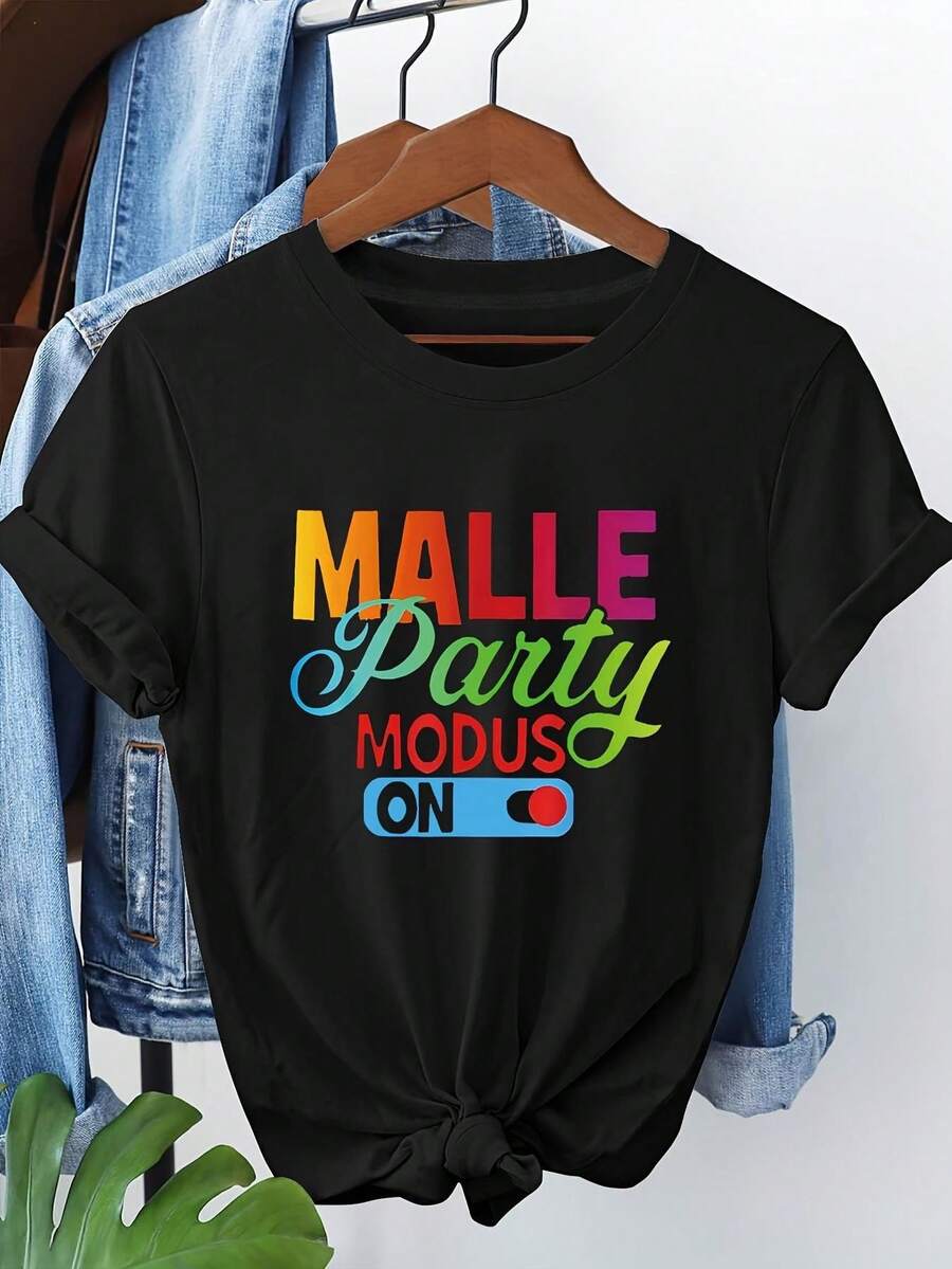 Women's T-Shirt With Graphic Print Of Colorful Letters And Switches, Short Sleeve, Round Neck, Casual Style For Summer And Spring, Women's Clothing - 黑色 - 查看 1