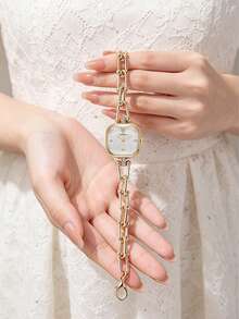 1 pieza/Set Reloj de pulsera de mujer con esfera cuadrada y cadena dorada, reloj de cuarzo minimalista, regalo de cumpleaños, regalo de San Valentín, uso diario en la oficina, cita y fiesta nocturna - Verde - Ver 10