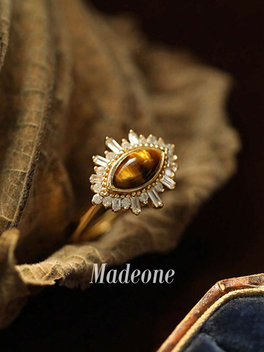 MADEONE 1 pieza Anillo de ojo de cocodrilo vintage único, joyería de mujer, hecho de plata esterlina S925, incrustado con exquisito ojo de tigre amarillo natural, anillo sencillo, joyería delicada, regalo para niña en cumpleaños, baile de graduación, uso diario, cita - Dorado - Ver 1