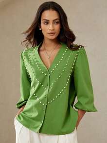 Blusa holgada de manga farol con cuello en V, decoración de perlas, de tela de lino y bambú verde, elegante y versátil para uso casual y de oficina - Verde - Ver 3