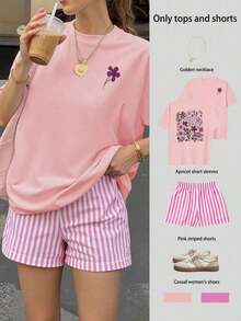 Conjunto de top de manga corta holgado con estampado floral y shorts a rayas para mujer, conjunto casual de verano de 2 piezas para mujer, traje de mujer, conjunto de verano para mujer, ropa de vacaciones, atuendo de viaje, estilo de playa, ropa de vacaciones minimalista y elegante - Rosa - Ver 5